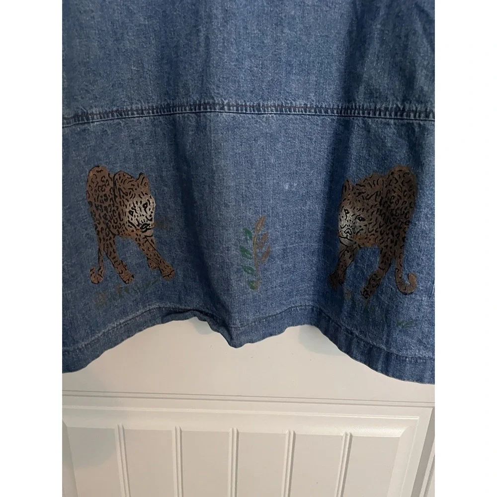 Vintage Shacket Shirt Jean Western Leopard Cheetah Painted XXL‎ Denim Button 460